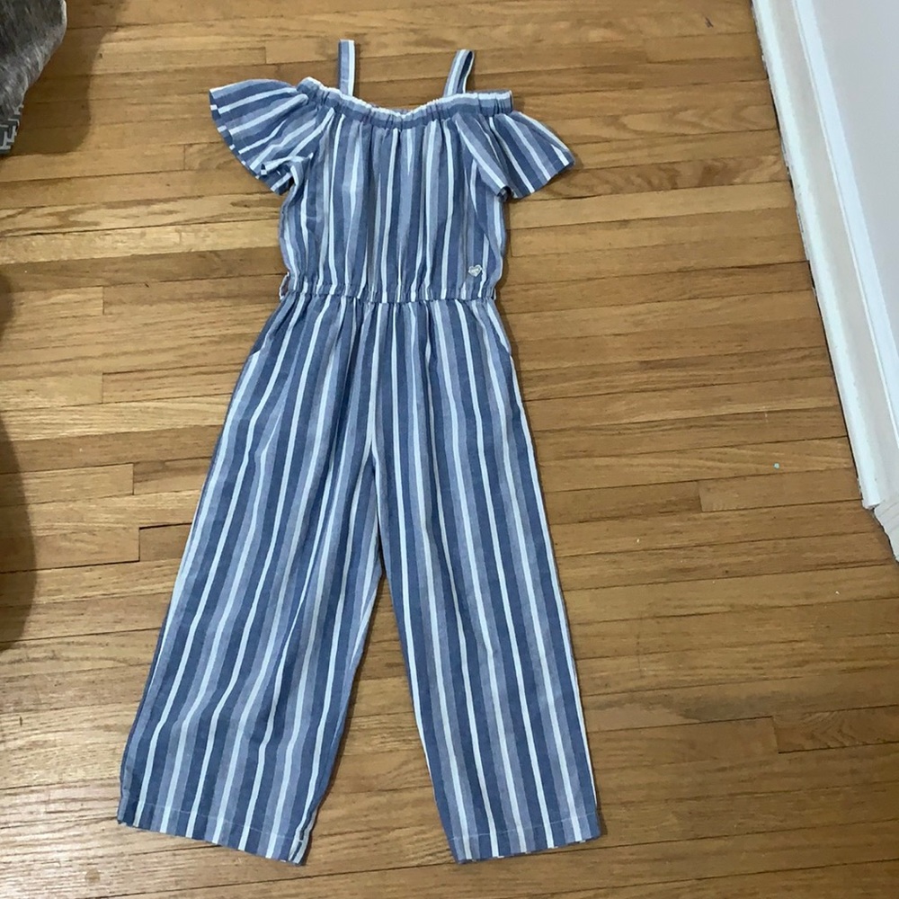 Bebe girls jump suit with straps and off the shoulder top have